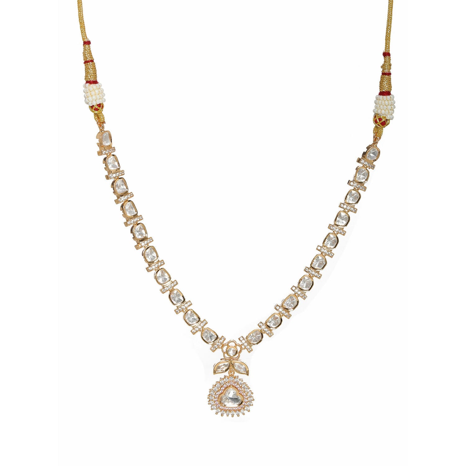 Gold and American Diamond Neckpiece with Pink Stone Center Piece (Gold) - Ruby Raang | Grocsy