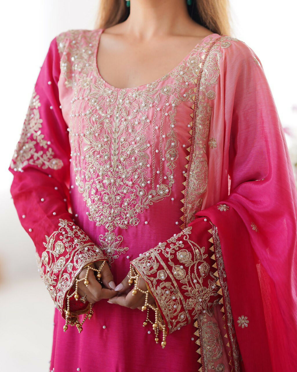 The52 Women's Beautiful Chinon silk Fabric Embroidery Work Straight Kurta Palazzo and Dupatta Set | Grocsy