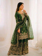 Teeya Creation Green Color Gymmi Silk Embroidery Work Wedding Wear Sharara Set | Grocsy