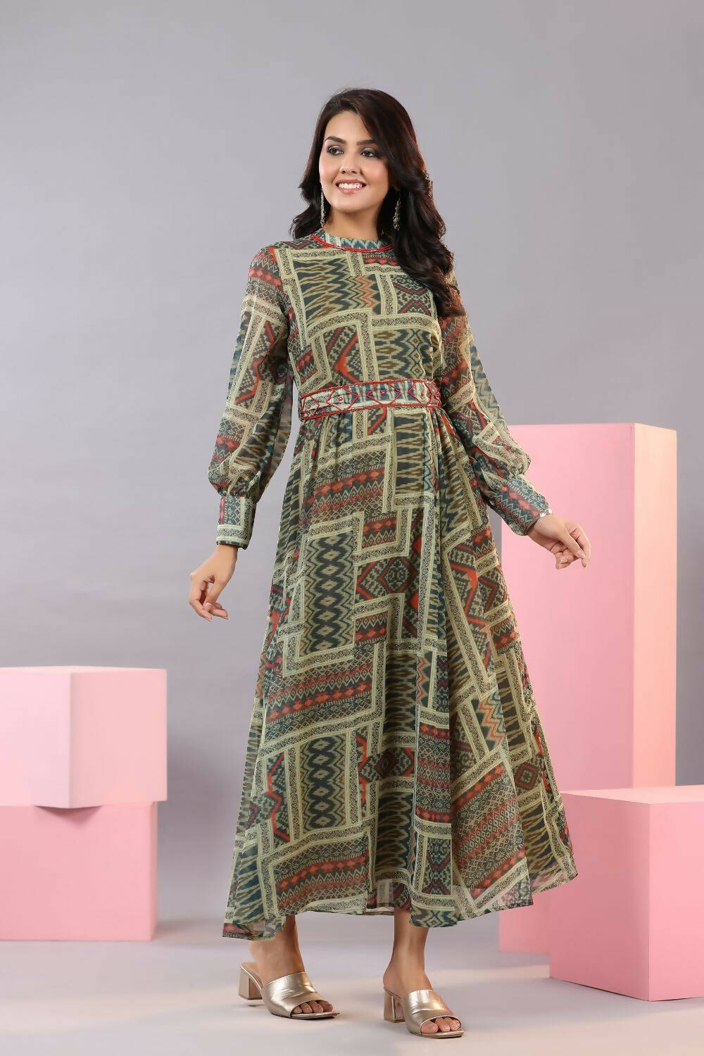 Juniper Women Green Chiffon Printed Maxi Dress | Grocsy