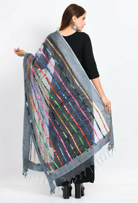 Mominos Fashion Moeza Women's Orgenza Multi Thread Mirror Work Grey Dupatta | Grocsy