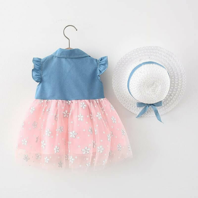 Bold N Elegant Cap Sleeve Denim Embroidered Midi Party Dress Frock with Hat Dress - Floral Pink | Grocsy