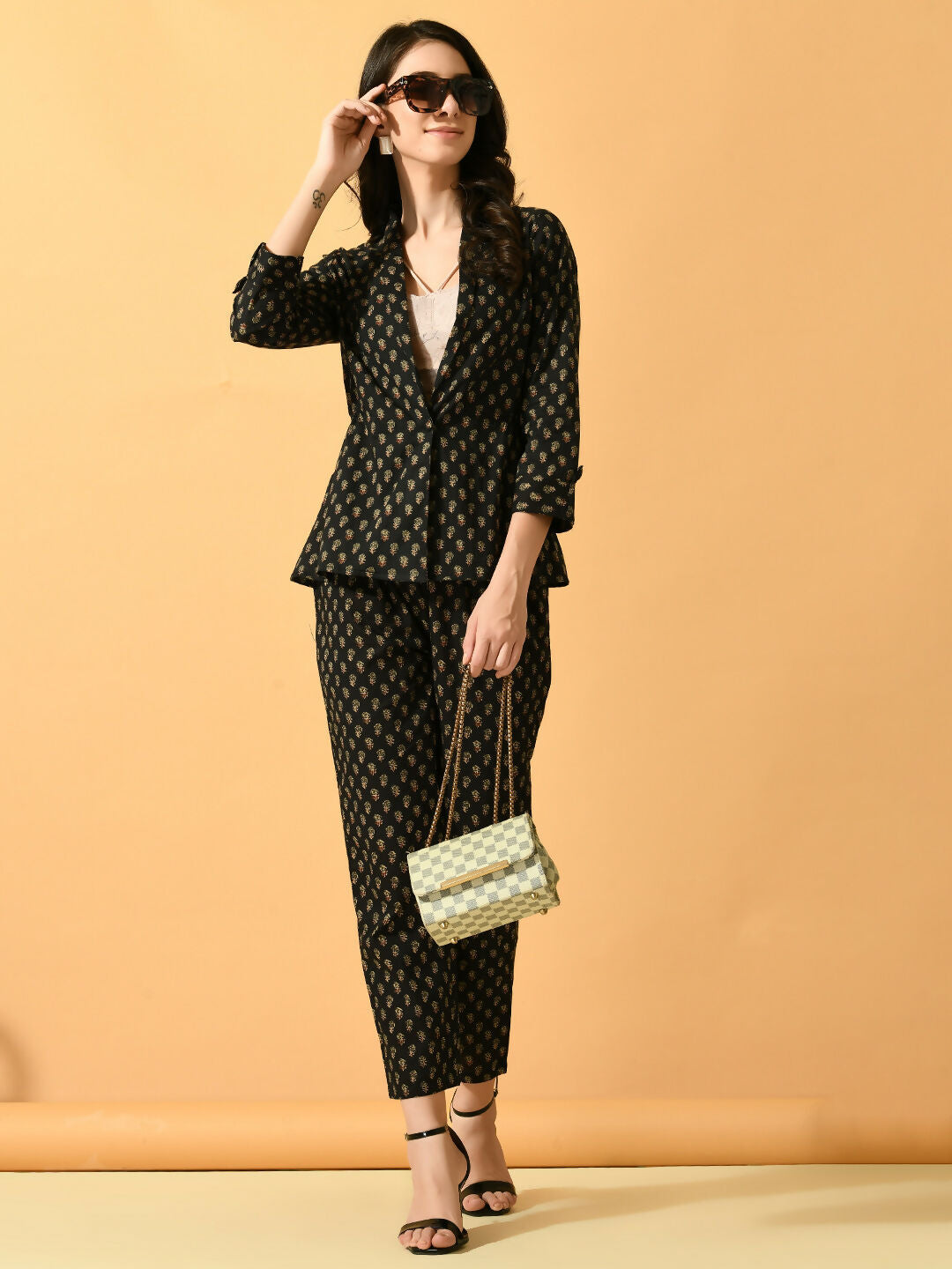 Myshka Women's Black Printed Coat With Trousers | Grocsy