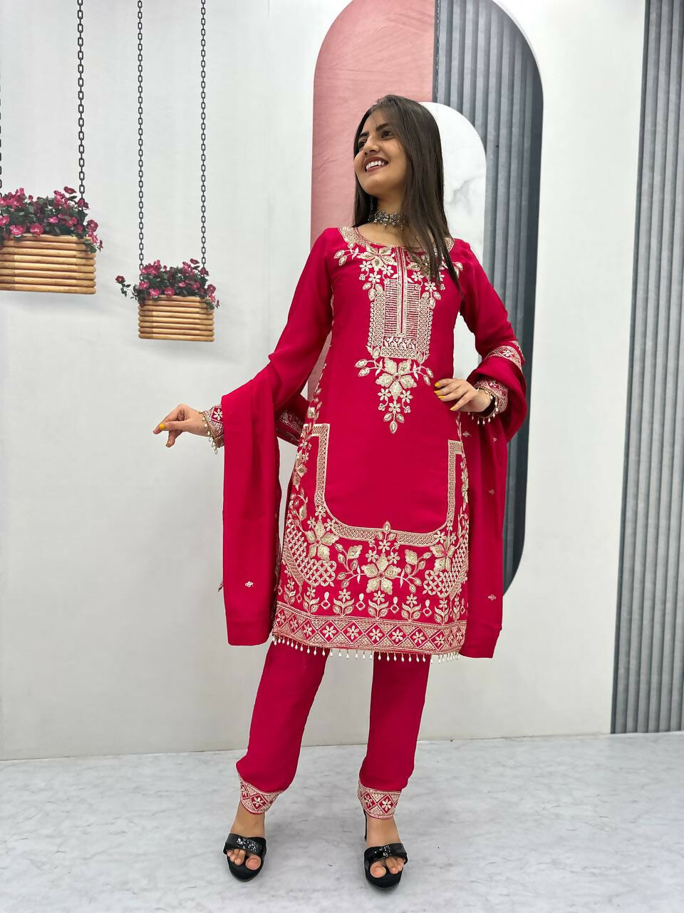 Teeya Creation Womens New Wedding Wear Heavy Embroidery Thread Work Pink Kurta Set | Grocsy