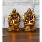 eCraftIndia Set of 2 Gold-Toned Handcrafted Brass Laxmi Ganesha Idol Deepak | Grocsy