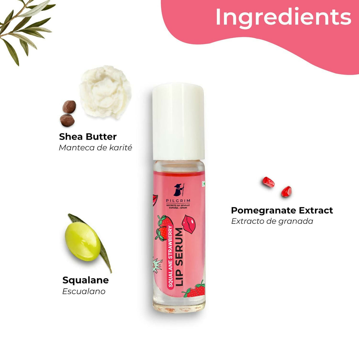 Pilgrim Spanish Lip Serum (Strawberry) with Roll-on For Visibly Plump Lips, Hydrating Lip Serum For Dark Lips | Grocsy