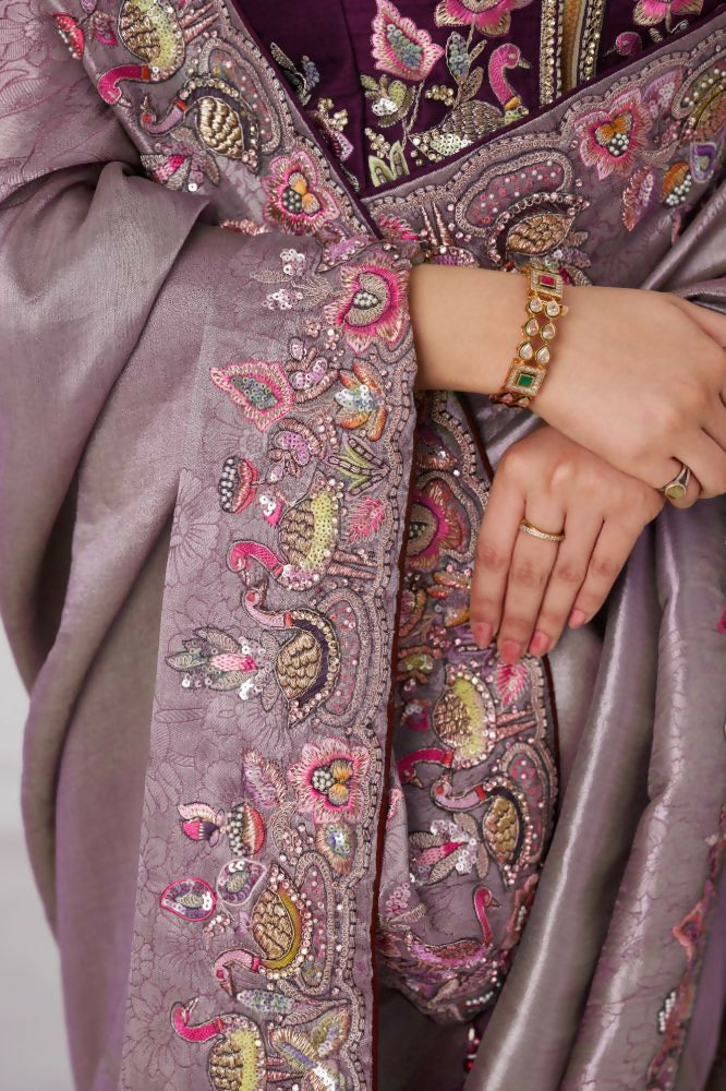 Kesar Fab Stunning Mauve Color With Multi-Thread And Sequins Embroidery Saree | Grocsy