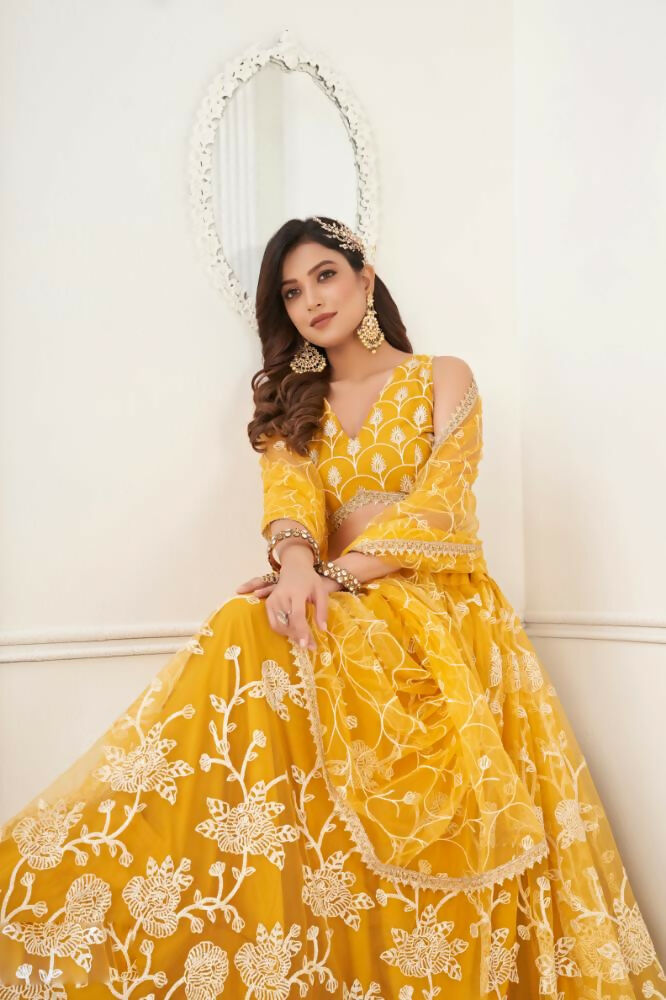 Aastha Fashion Mustard Yellow Butterfly Net White Cotton Thread Work And Sequence Work Embroidery Wedding Wear Lehenga Choli | Grocsy