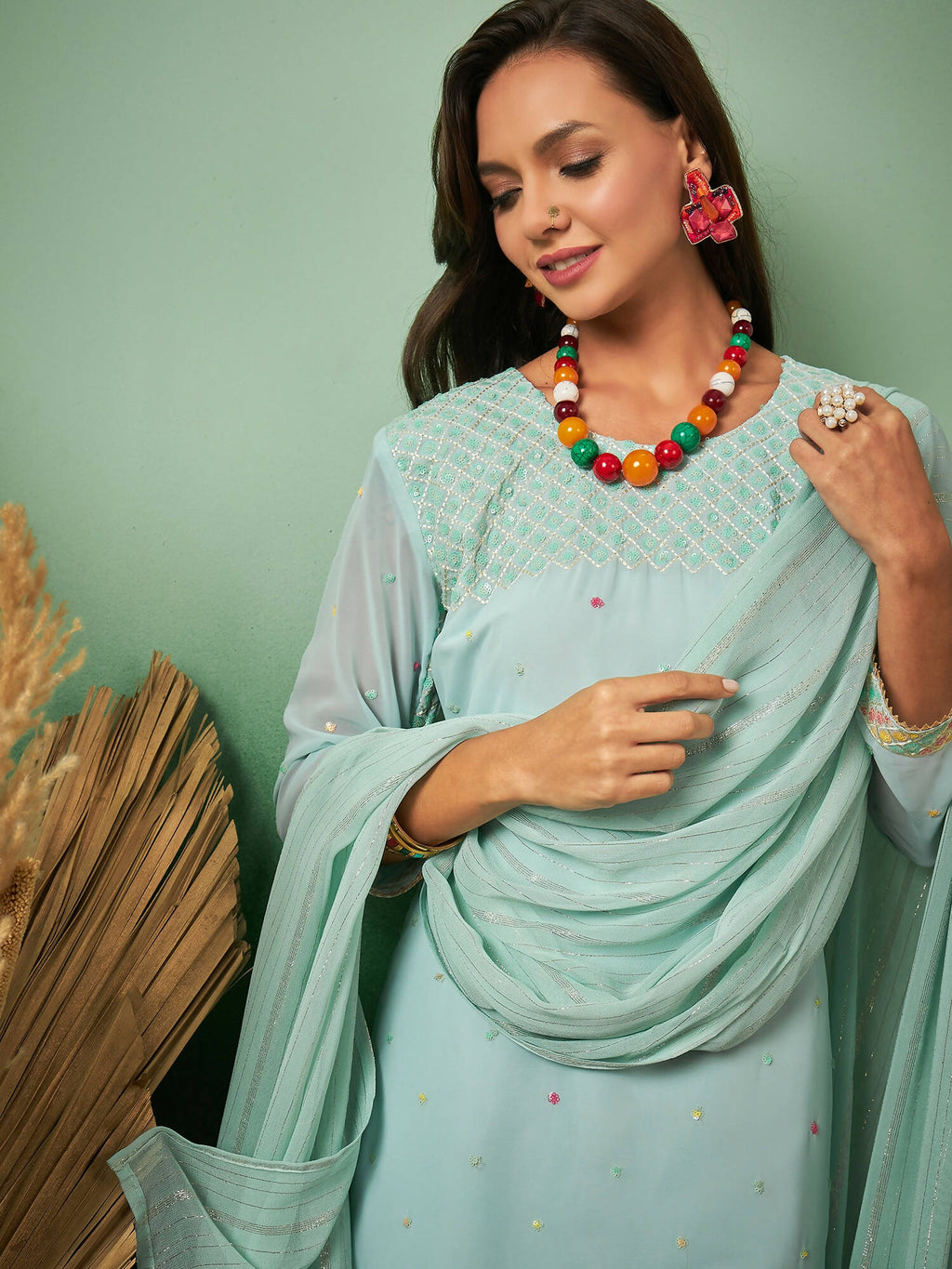 Sky Blue Georgette Handwork Unstitched Dress Material - Hanika | Grocsy