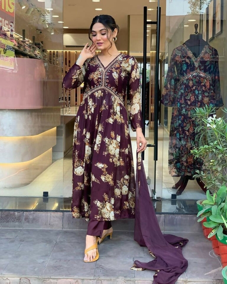 Ethnic Festive Wear Georgette Purple Stitched Suit With Dupatta - Tanisha | Grocsy