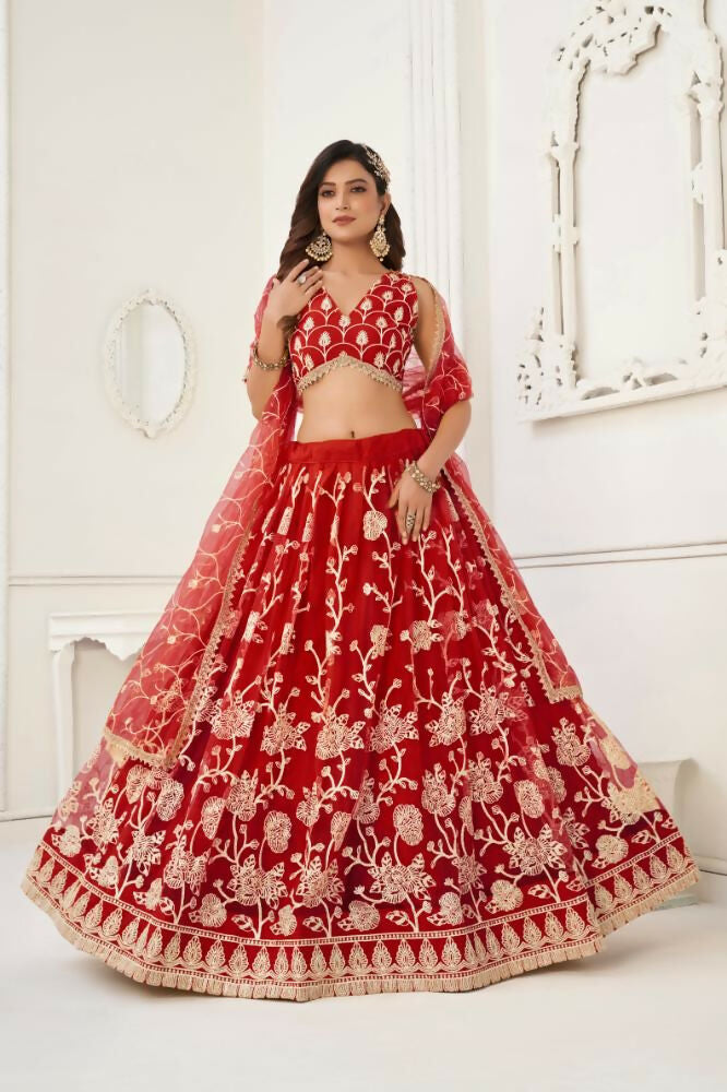 Aastha Fashion Red Butterfly Net White Cotton Thread Work And Sequence Work Embroidery Wedding Wear Lehenga Choli | Grocsy