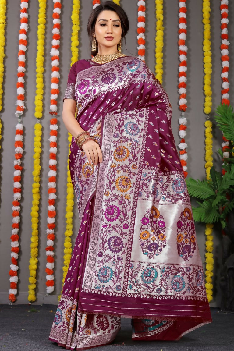 Jyoti Fashion Women's Wine Banarasi Silk Zari Woven Saree with Blouse | Grocsy