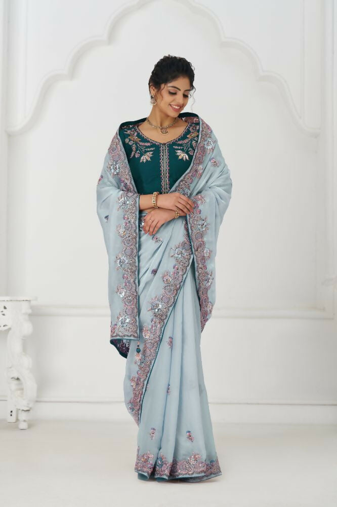 Kesar Fab Graceful Grey In Rich Silk Fendi With Zari And Sparkling Sequins Saree | Grocsy