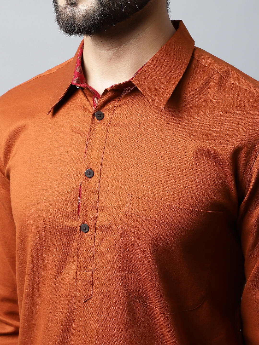 Even Apparels Brown Color Pure Cotton Solid Men's Kurta With Shirt Collar (SLD1137) | Grocsy