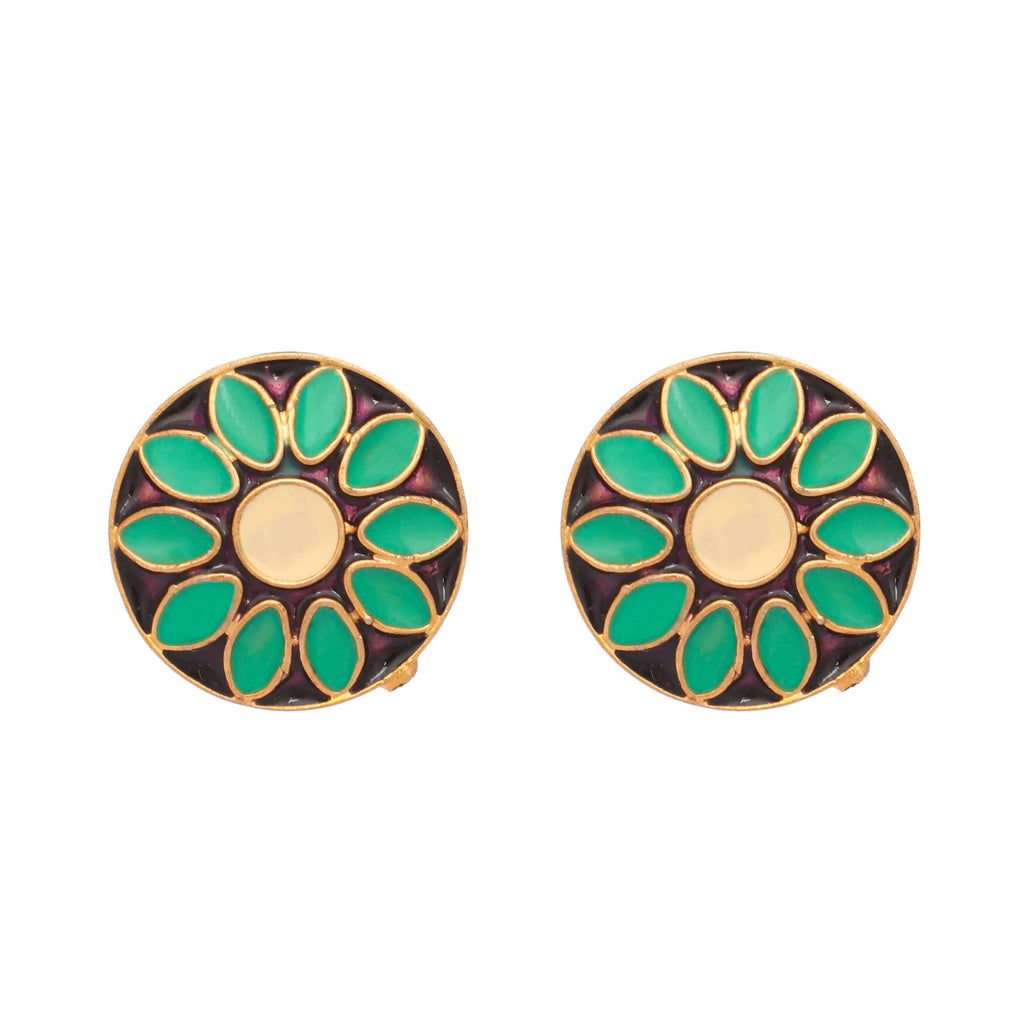 Nuyug 22K Gold Plated Circular Shaped Sea Green Enamelled Floral Motif Studs | Grocsy