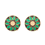 Nuyug 22K Gold Plated Circular Shaped Sea Green Enamelled Floral Motif Studs | Grocsy