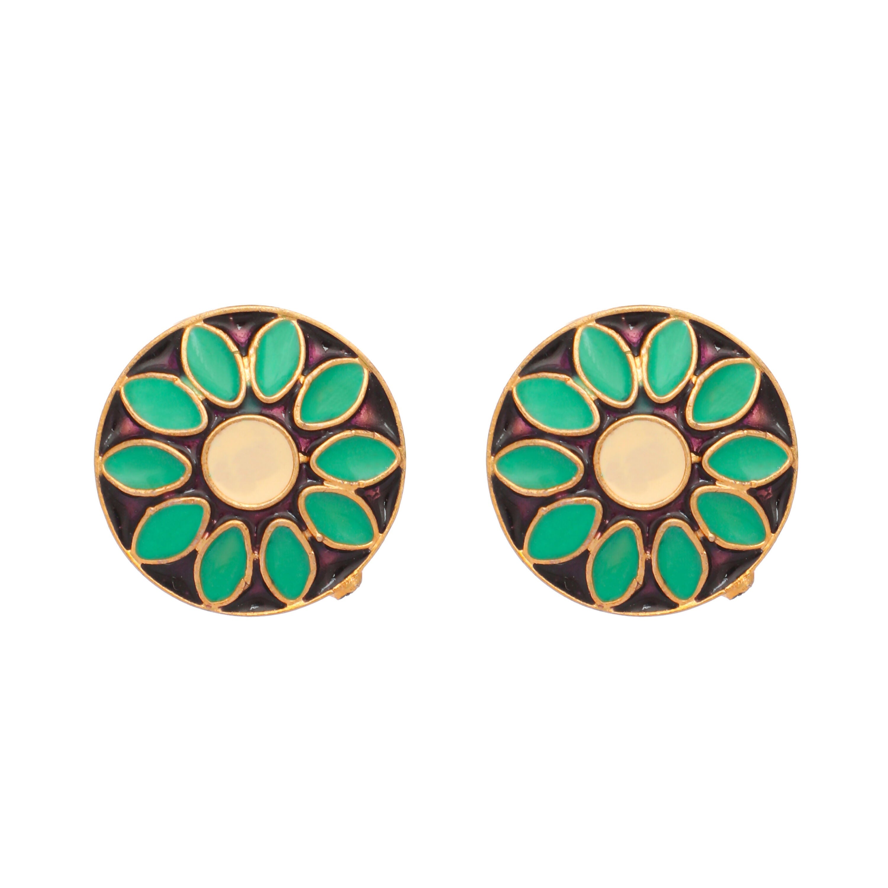 Nuyug 22K Gold Plated Circular Shaped Sea Green Enamelled Floral Motif Studs | Grocsy