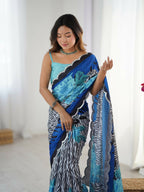 Blue Chinon Designer Digital Printed,Mirror Cut Work Saree - Manvika | Grocsy