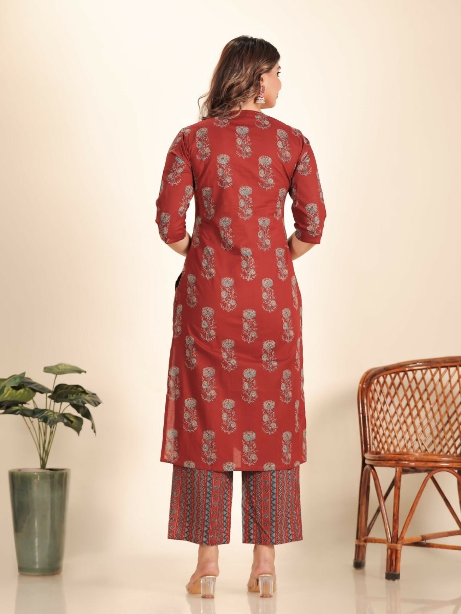 Aramya Maroon Soft Cotton Floral Print Straight Kurta Set for Women | Grocsy