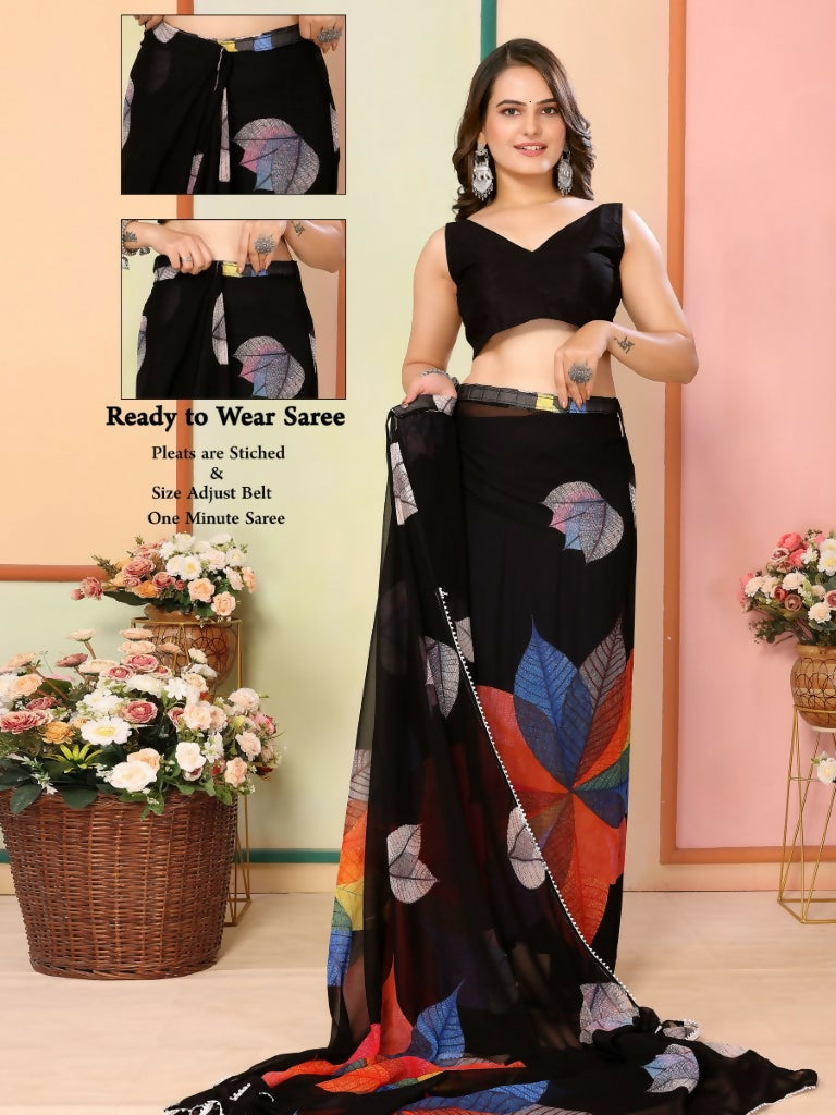 Black Georgette Designer Printed Ready To Wear Saree - Elite | Grocsy
