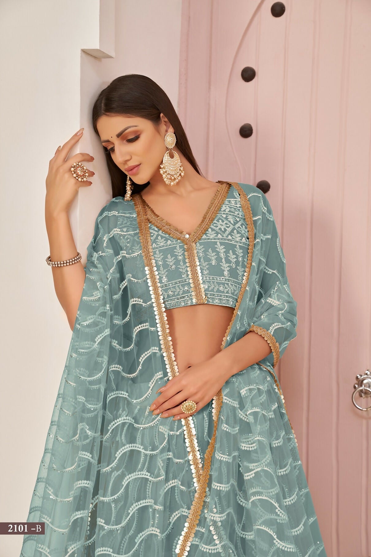 Eilara Mesmerizing Ocean Blue Butterfly Net White Cotton Thread Zari Sandwich Sequence Work Lehenga Choli For Wedding | Grocsy