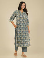 Aramya Straight Soft Cotton Floral Print Women's Kurta Set - Grey | Grocsy