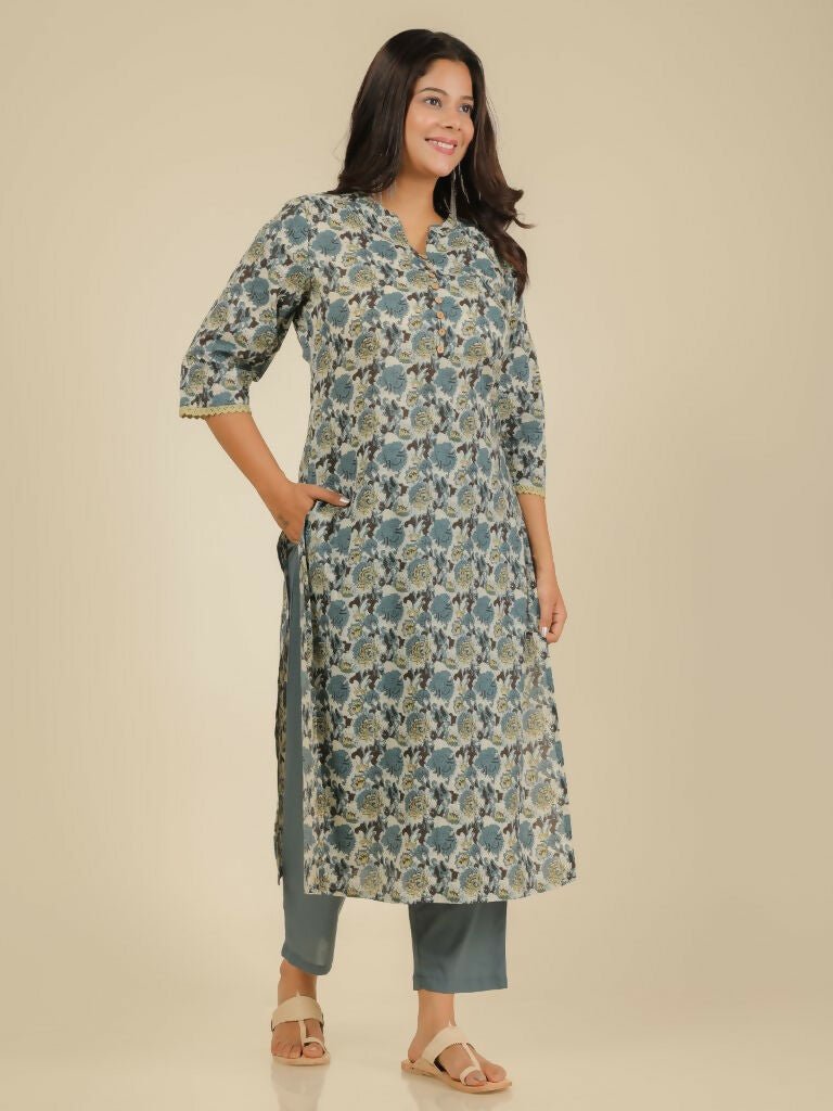 Aramya Straight Soft Cotton Floral Print Women's Kurta Set - Grey | Grocsy