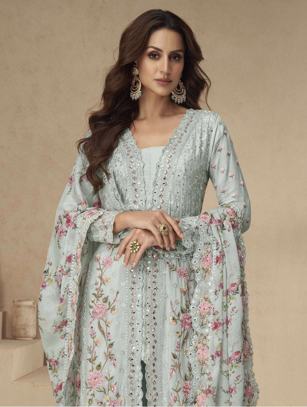 Anaita Sky-Blue Chinon Readymade Suit with Embroidery Sequence Work | Grocsy