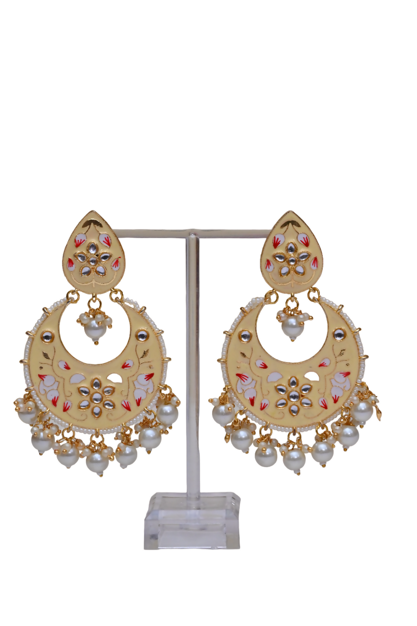 Gold-Polished Brass & Pearl Dangle Women Cream Hand Painted Meenakari Chandbali Earrings By House of Ree - Swadesiicart