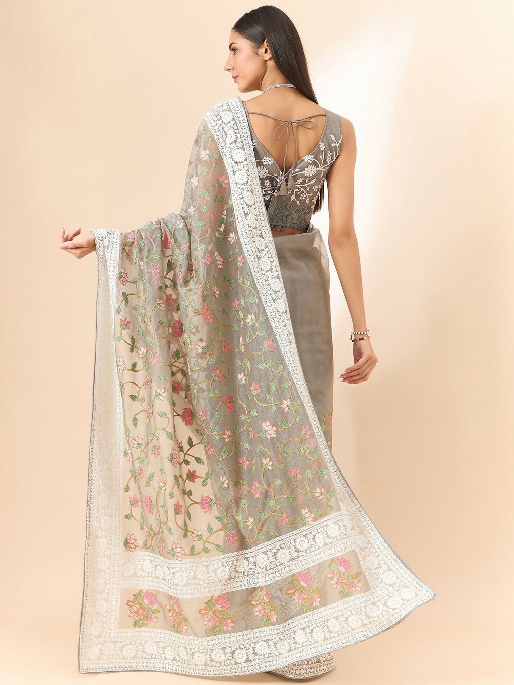 Grey Organza Floral Embroidered Saree with Unstitched Blouse Piece - Roozal | Grocsy