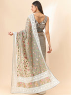 Grey Organza Floral Embroidered Saree with Unstitched Blouse Piece - Roozal | Grocsy