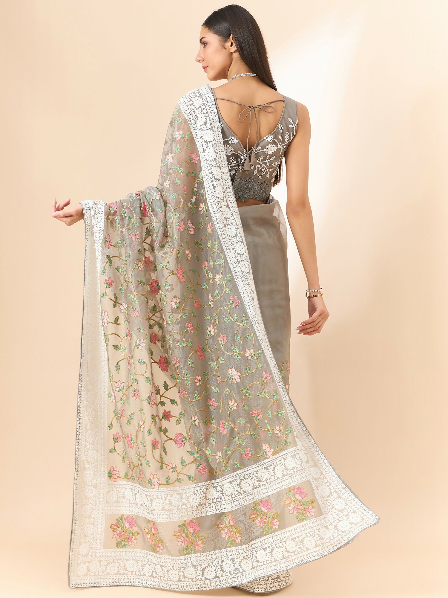 Grey Organza Floral Embroidered Saree with Unstitched Blouse Piece - Roozal | Grocsy