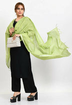 Mominos Fashion Moeza Women's Linen Cotton Silver Border Parrot Green Dupatta | Grocsy