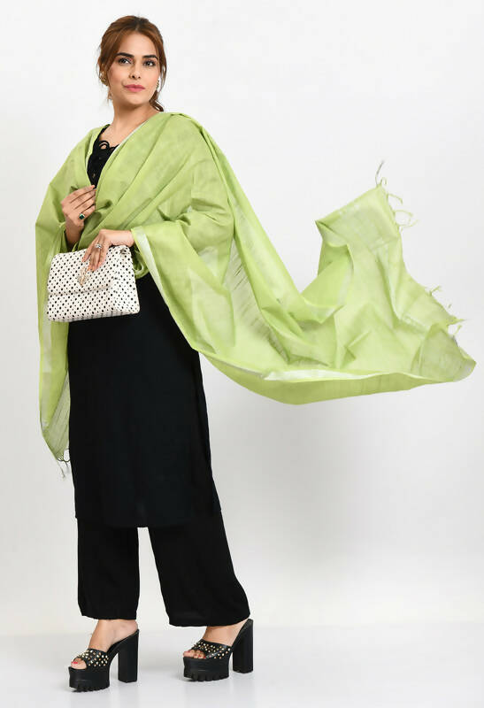 Mominos Fashion Moeza Women's Linen Cotton Silver Border Parrot Green Dupatta | Grocsy