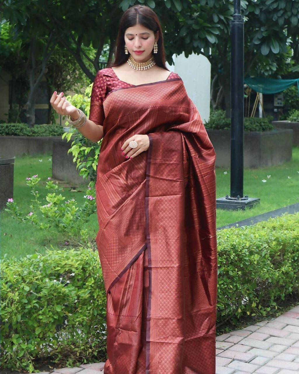 DEIANA'S Beautiful Designer Golden zari Soft Lichi Silk Saree - Maroon | Grocsy