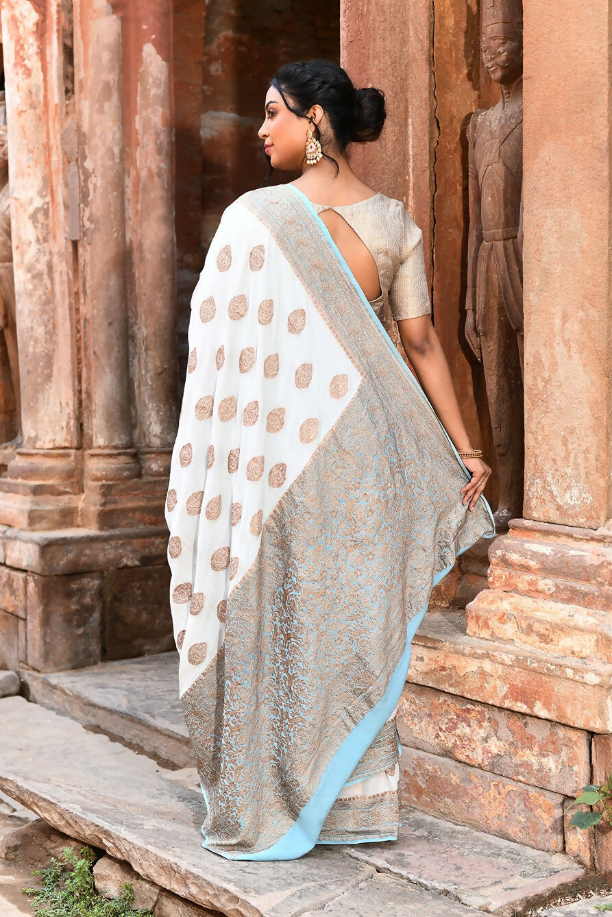 Joban Fashion Light Sky Blue Crepe Chiffon Pure Handloom Banarasi Silk Saree | Grocsy