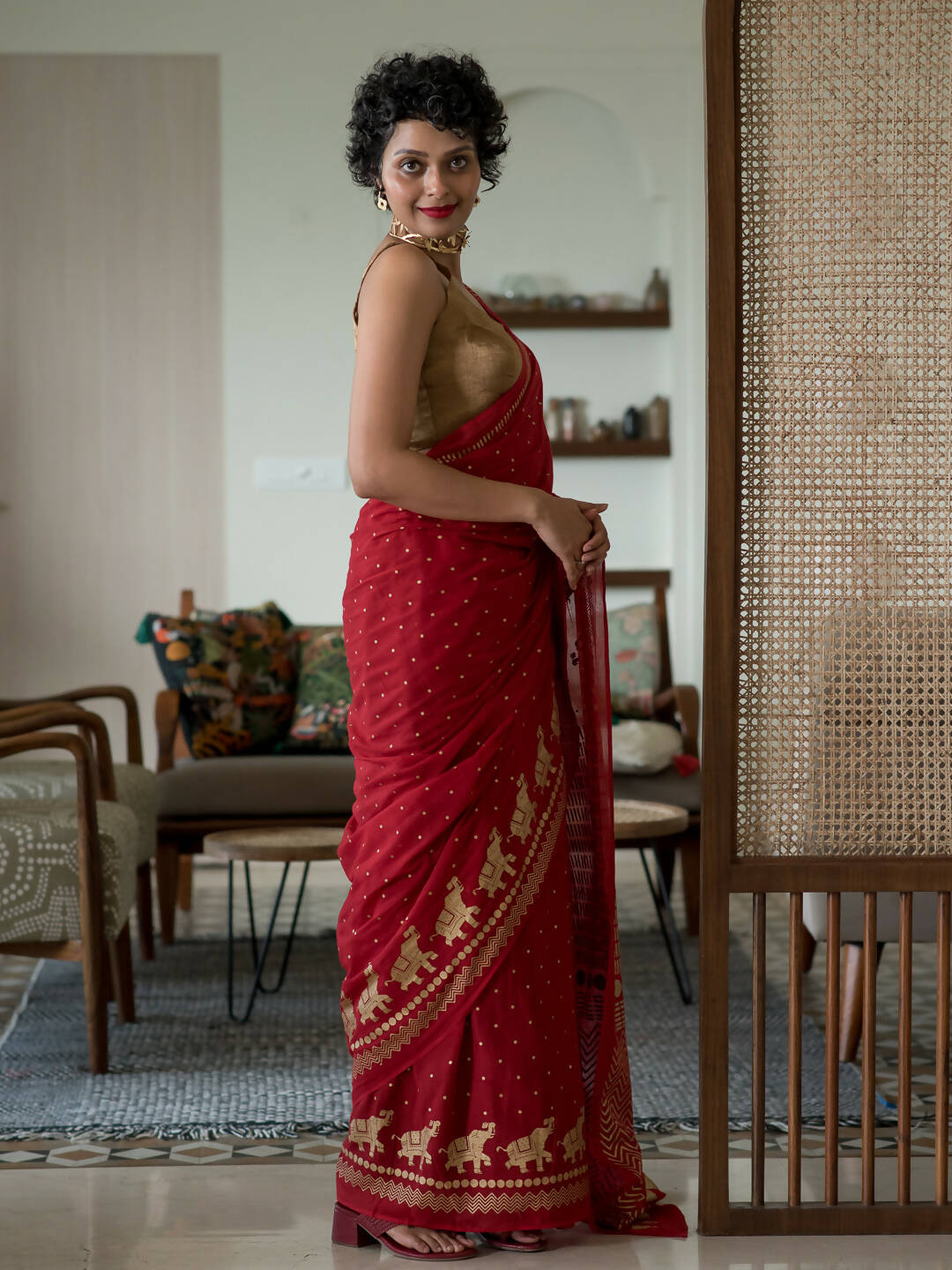 Suta Red Polka Dots Cotton Blend Saree | Grocsy
