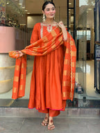 The52 Rust Women's Gorgeous Embroidered Work Chanderi Fabric Flared Kurta Pant and Dupatta Set | Grocsy