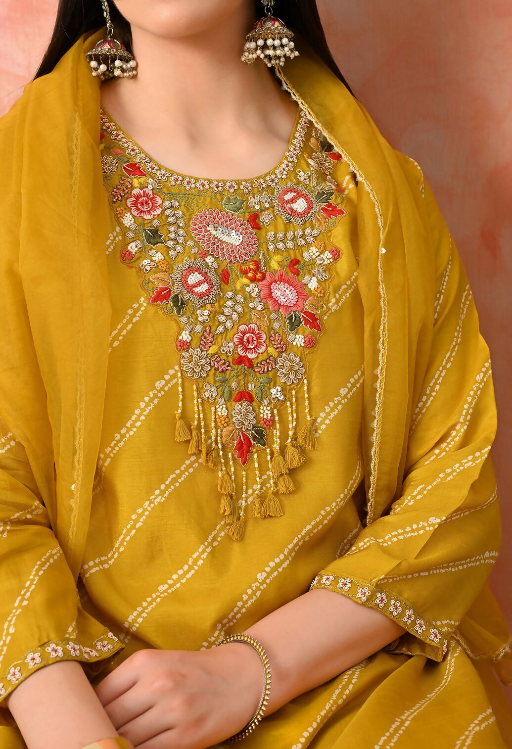Joban Fashion Mustard Premium Pure Viscose Print Dola With Handwork Kurta Set | Grocsy