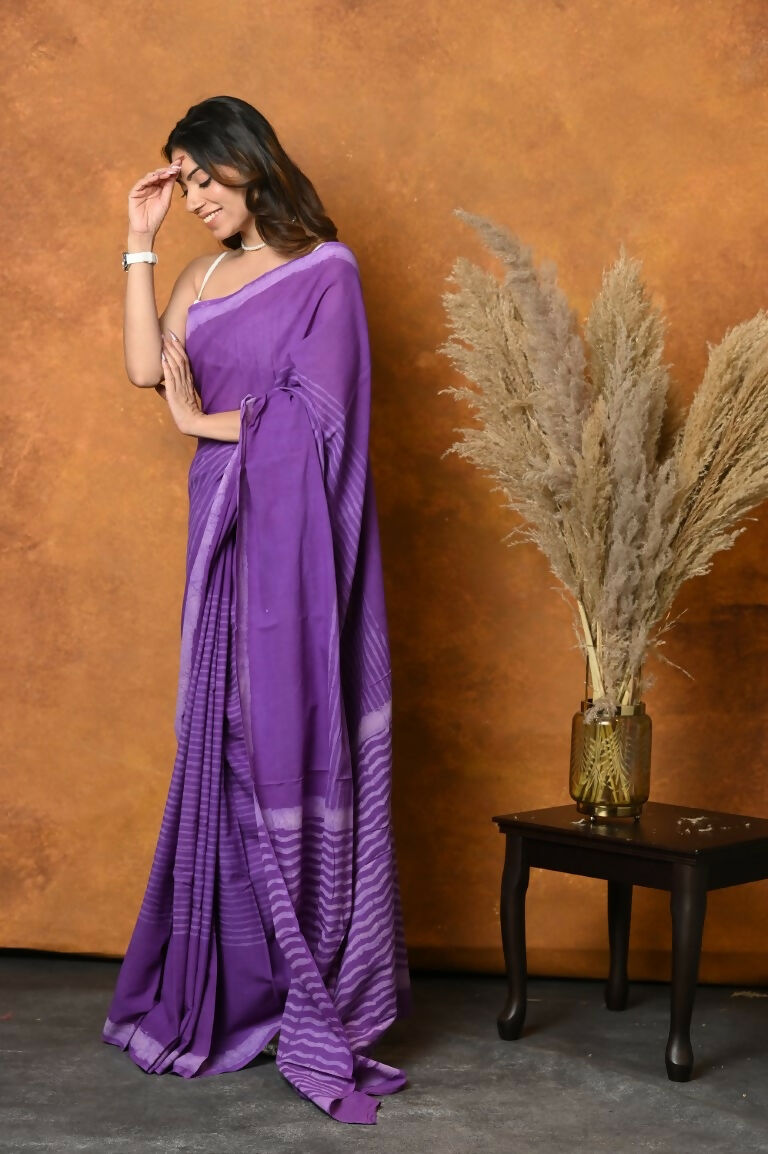 Very Much Indian Pure Cotton Handblock Printed Saree With Natural Dyes - Purple | Grocsy
