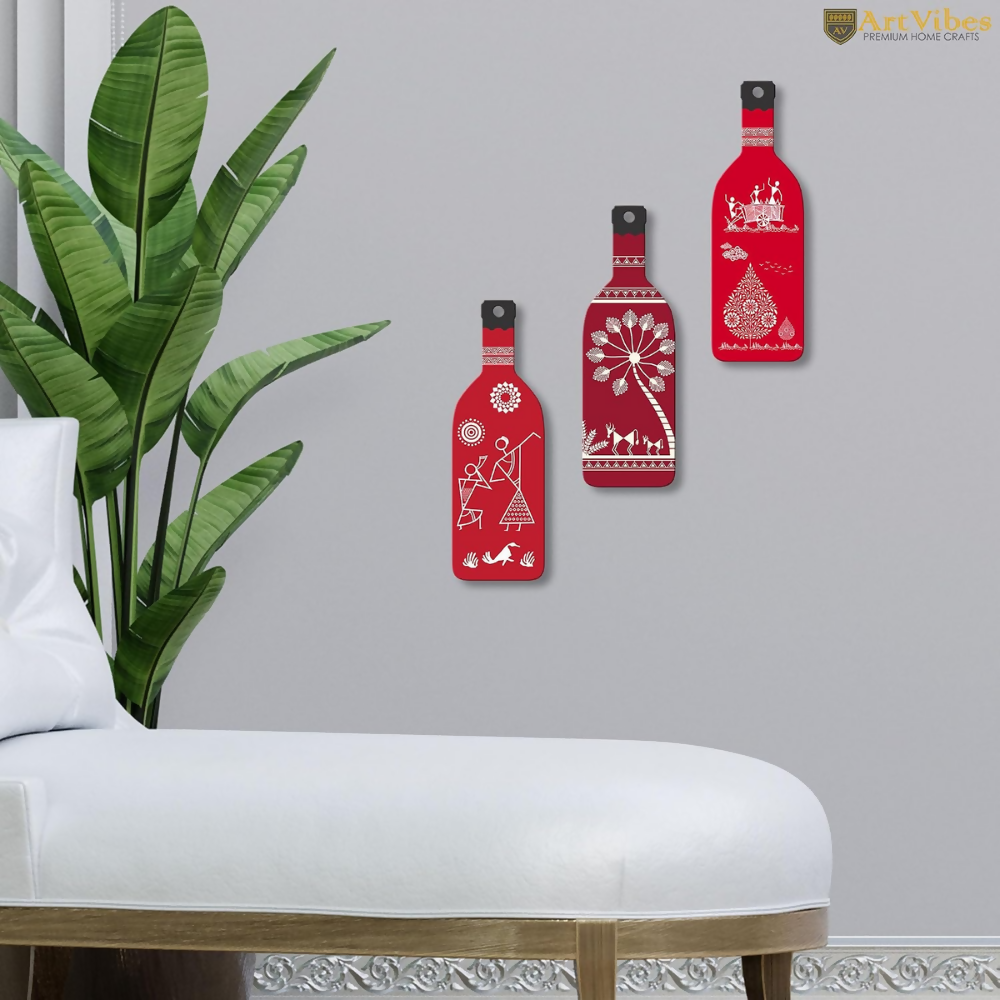 Artvibes Tribal Warli Art Decor Bottle shaped Wooden Wall Hanging | Grocsy