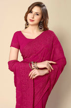 Pink Georgette Embroidered and Stone Work Saree with Unstitched Blouse Piece - Roozal | Grocsy