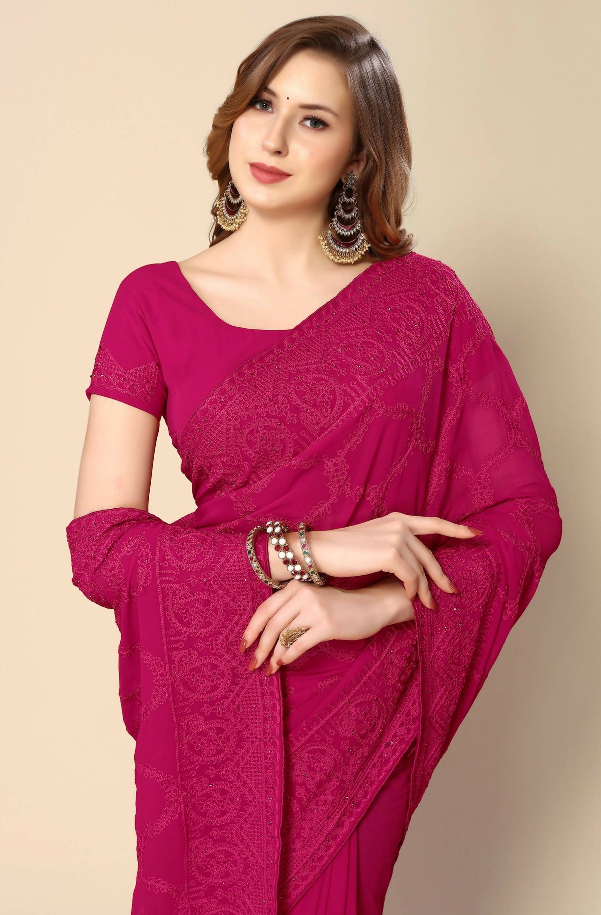 Pink Georgette Embroidered and Stone Work Saree with Unstitched Blouse Piece - Roozal | Grocsy