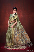Pista Green Poly Habotai Silk Foil Print Saree with Unstitched Blouse - Kathari | Grocsy