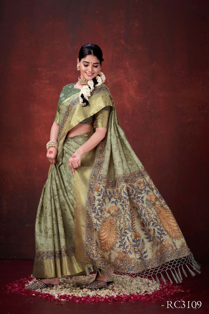 Pista Green Poly Habotai Silk Foil Print Saree with Unstitched Blouse - Kathari | Grocsy