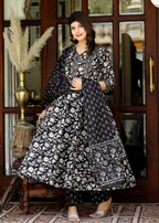 Miravan Women's Black Cotton Embroidered Attractive Anarkali Kurta And Palazzo With Dupatta Set | Grocsy