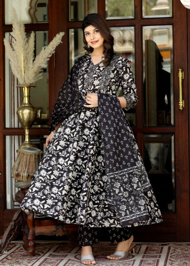 Miravan Women's Black Cotton Embroidered Attractive Anarkali Kurta And Palazzo With Dupatta Set | Grocsy