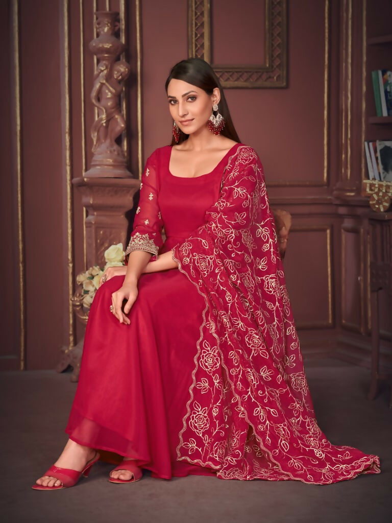 Jyoti Fashion Women's Rani Pink Georgette Embroidered Anarkali Kurta Pant Set With Dupatta | Grocsy