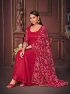 Jyoti Fashion Women's Rani Pink Georgette Embroidered Anarkali Kurta Pant Set With Dupatta | Grocsy
