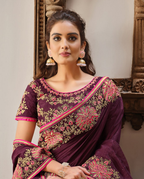 Purple Silk Georgettesilk Thread And Cord Embroidery. Tassels Saree - Norita Hit | Grocsy